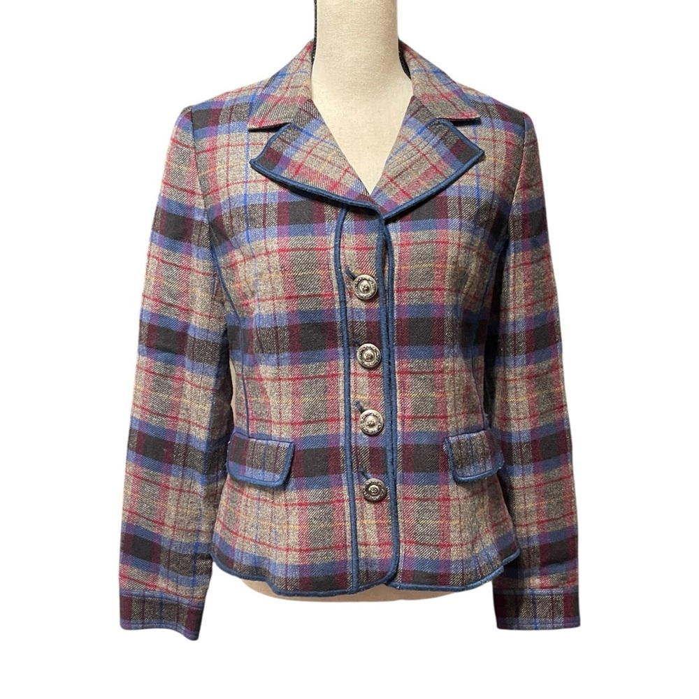 Tribal Women's Multi Color Wool‎ Rayon Blend Fully Lined Plaid Cropped Blazer